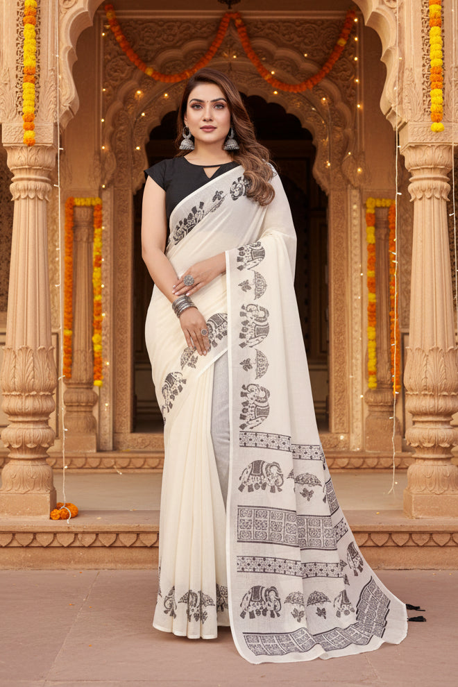 Women's Linen Cotton Printed Saree With Unstitched Blouse 5.5Mtr (Off White)