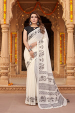 Load image into Gallery viewer, Women's Linen Cotton Printed Saree With Unstitched Blouse 5.5Mtr (Off White)
