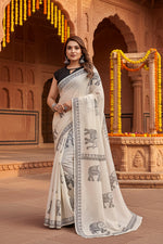 Load image into Gallery viewer, Women's Linen Cotton Printed Saree With Unstitched Blouse 5.5Mtr (Off White)
