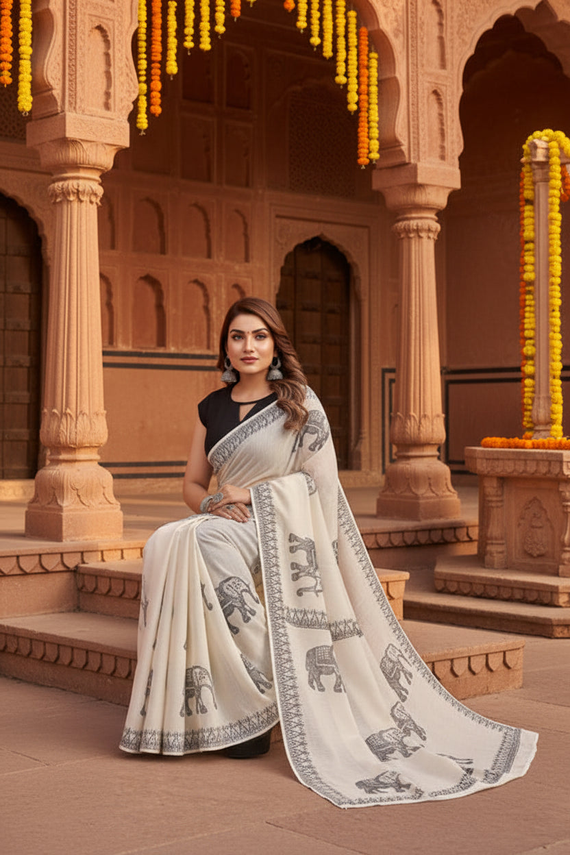 Women's linen cotton printed saree with unstitched blouse 5