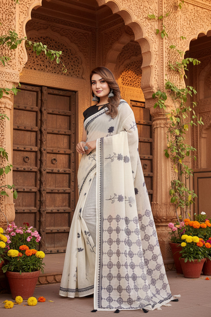 Women's Linen Cotton Printed Saree With Unstitched Blouse 5.5Mtr (Off White)
