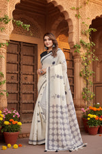 Load image into Gallery viewer, Women's Linen Cotton Printed Saree With Unstitched Blouse 5.5Mtr (Off White)
