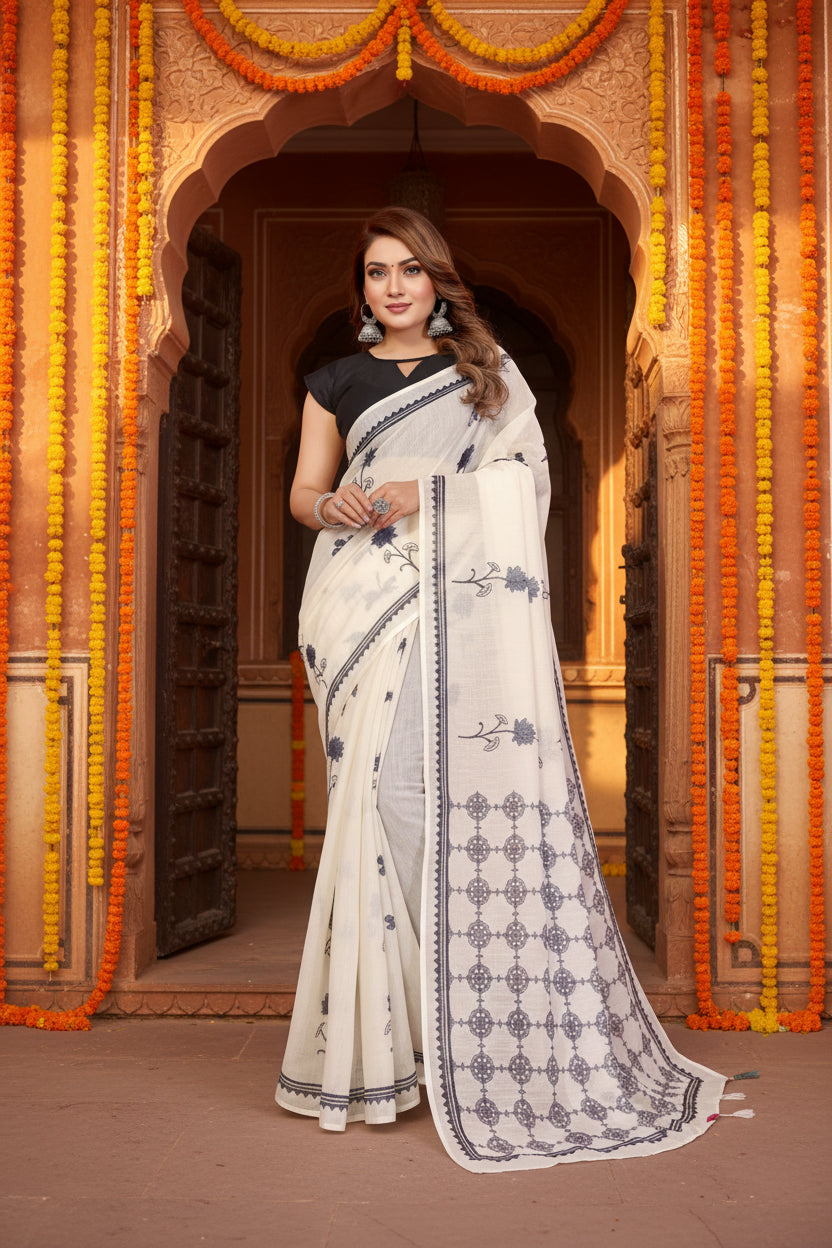 Women's Linen Cotton Printed Saree With Unstitched Blouse 5.5Mtr (Off White)