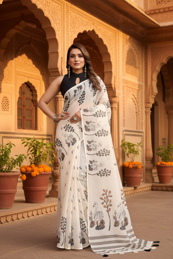 Women's linen cotton printed saree with unstitched blouse 5
