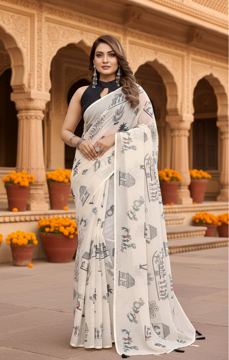 Women's Linen Cotton Printed Saree With Unstitched Blouse 5.5Mtr (Off White)