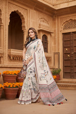 Load image into Gallery viewer, Women's Linen Cotton Printed Saree With Unstitched Blouse 5.5Mtr (Off White)
