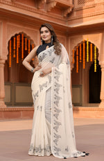 Load image into Gallery viewer, Women's Linen Cotton Printed Saree With Unstitched Blouse 5.5Mtr (Off White)
