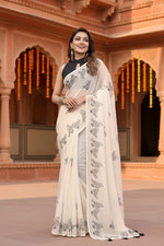 Load image into Gallery viewer, Women's Linen Cotton Printed Saree With Unstitched Blouse 5.5Mtr (Off White)
