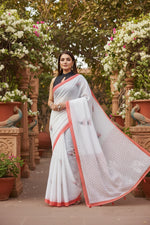 Load image into Gallery viewer, Women's Linen Cotton Printed Saree With Unstitched Blouse 5.5Mtr (White)

