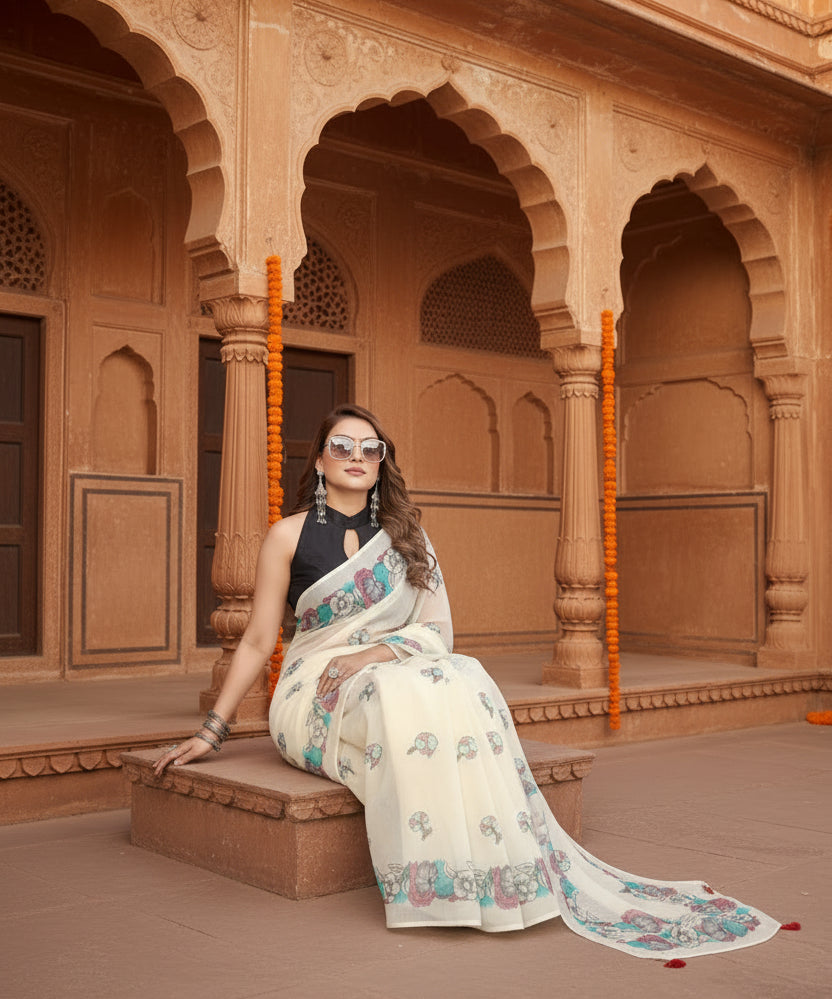 Women's Linen Cotton Printed Saree With Unstitched Blouse 5.5Mtr (Off White)