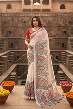 Load image into Gallery viewer, Women's Linen Cotton Printed Saree With Unstitched Blouse 5.5Mtr (Off White)
