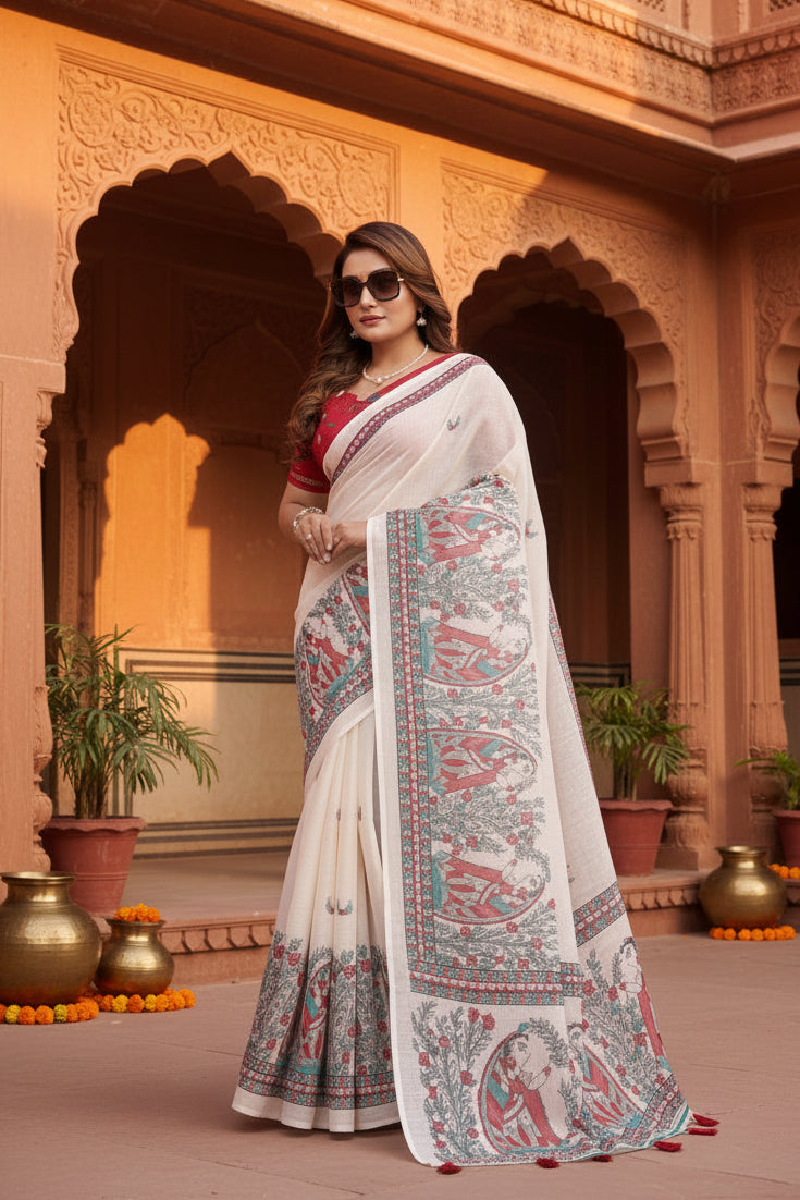 Women's linen cotton printed saree with unstitched blouse 5