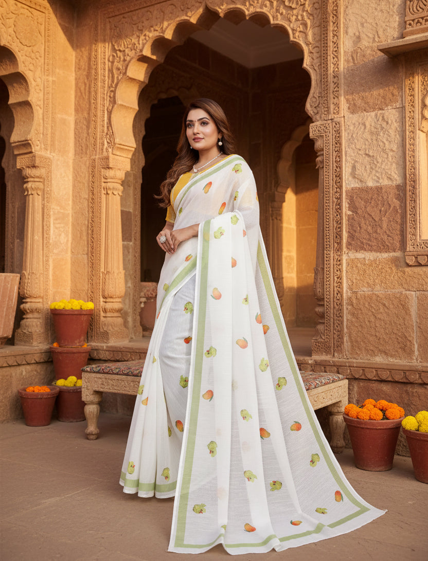 Women's Linen Cotton Printed Saree With Unstitched Blouse 5.5Mtr (White)