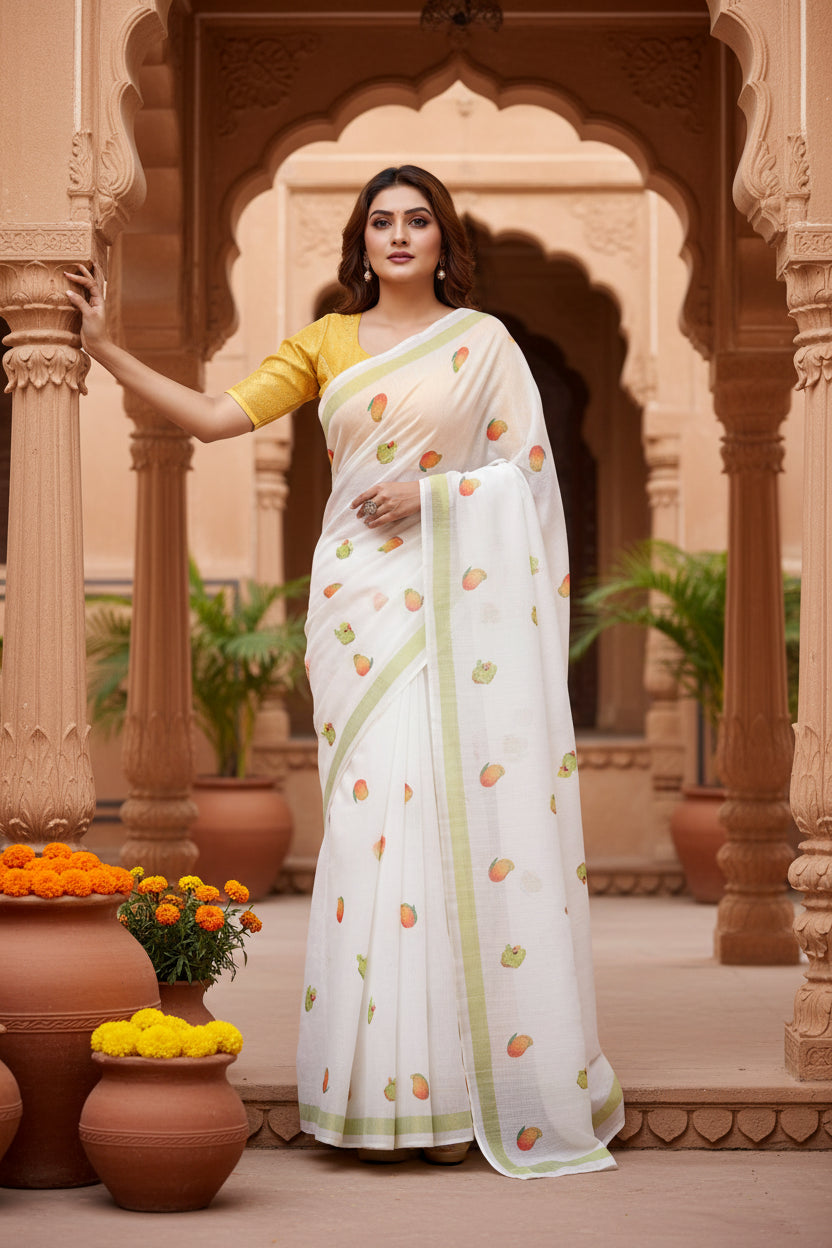 Women's linen cotton printed saree with unstitched blouse 5
