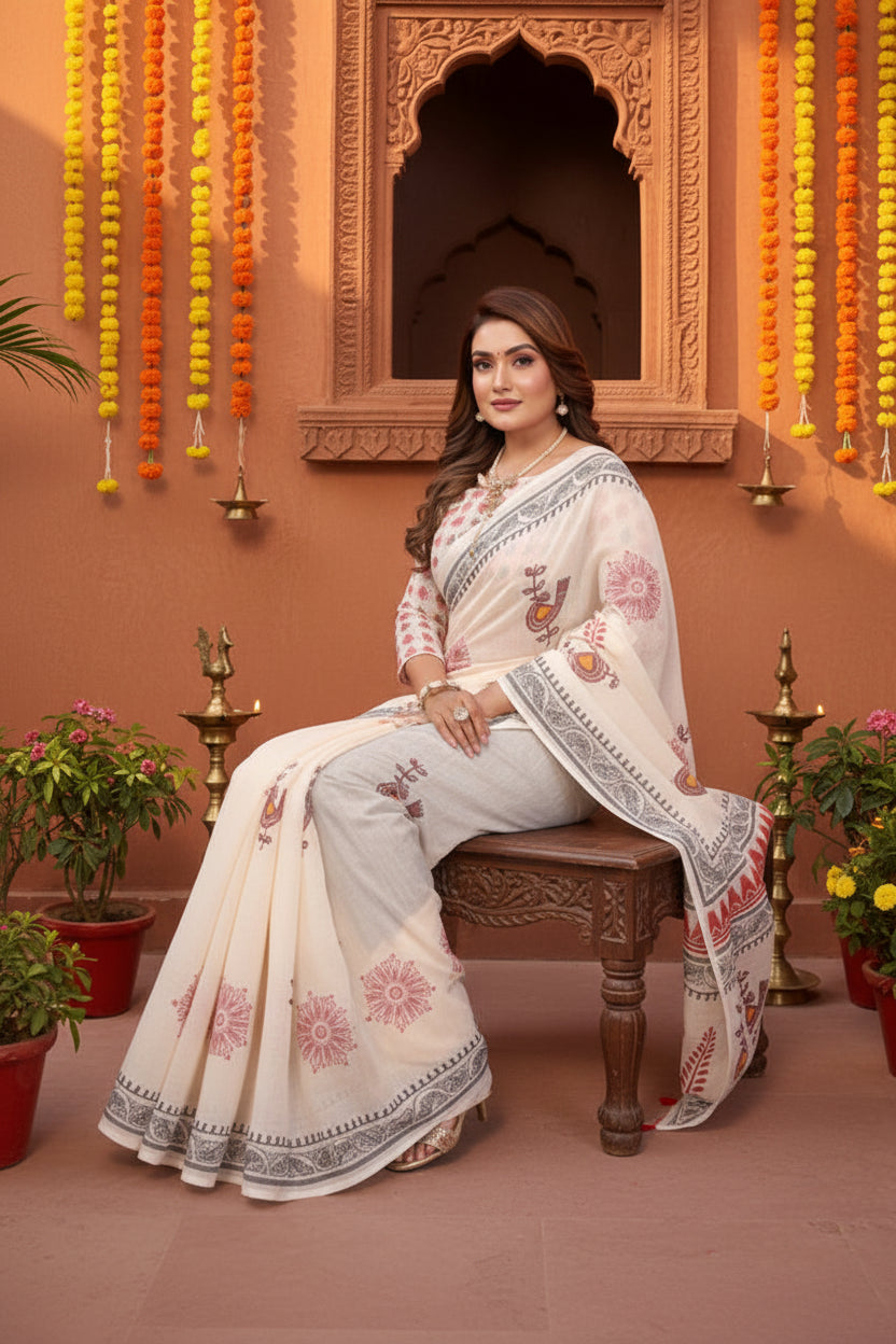 Women's linen cotton printed saree with unstitched blouse 5