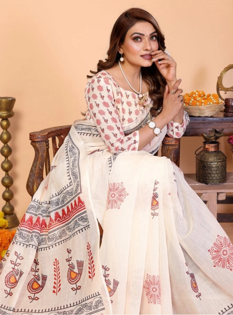 Women's Linen Cotton Printed Saree With Unstitched Blouse 5.5Mtr (Off White)