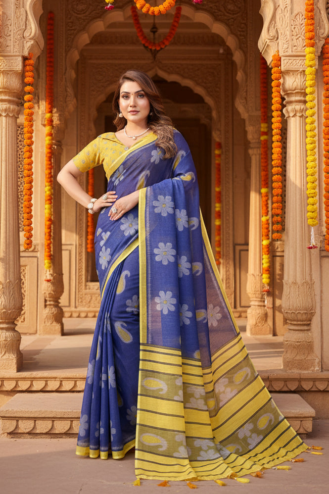 Women's Linen Cotton Printed Saree With Unstitched Blouse 5.5Mtr (Blue)