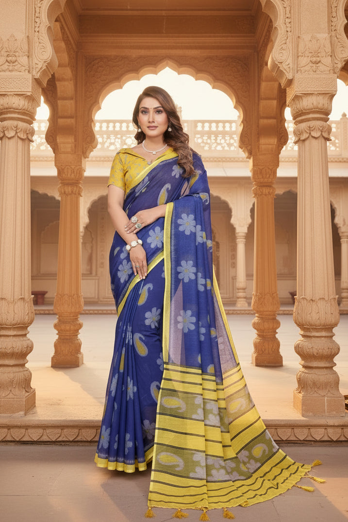 Women's Linen Cotton Printed Saree With Unstitched Blouse 5.5Mtr (Blue)