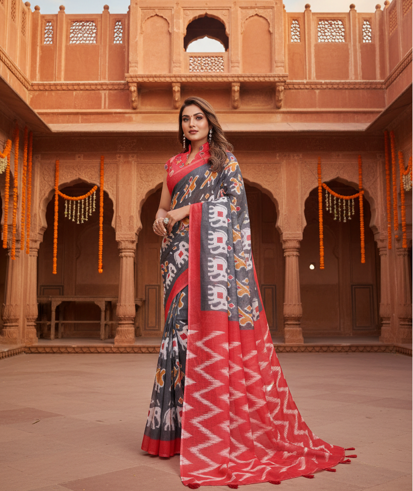 Women's linen cotton printed saree with unstitched blouse 5