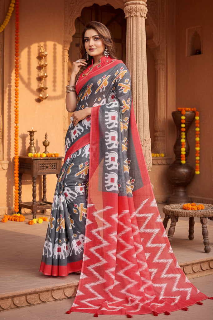Women's Linen Cotton Printed Saree With Unstitched Blouse 5.5Mtr (Grey)