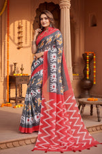 Load image into Gallery viewer, Women's Linen Cotton Printed Saree With Unstitched Blouse 5.5Mtr (Grey)
