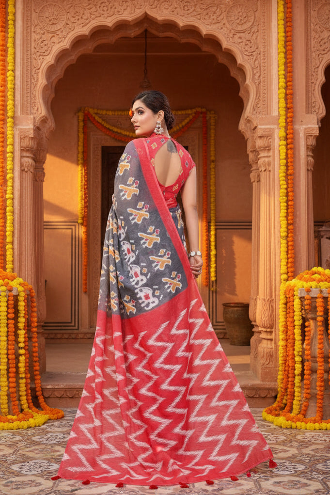 Women's Linen Cotton Printed Saree With Unstitched Blouse 5.5Mtr (Grey)