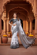 Load image into Gallery viewer, Women's Linen Cotton Printed Saree With Unstitched Blouse 5.5Mtr (White-Black)
