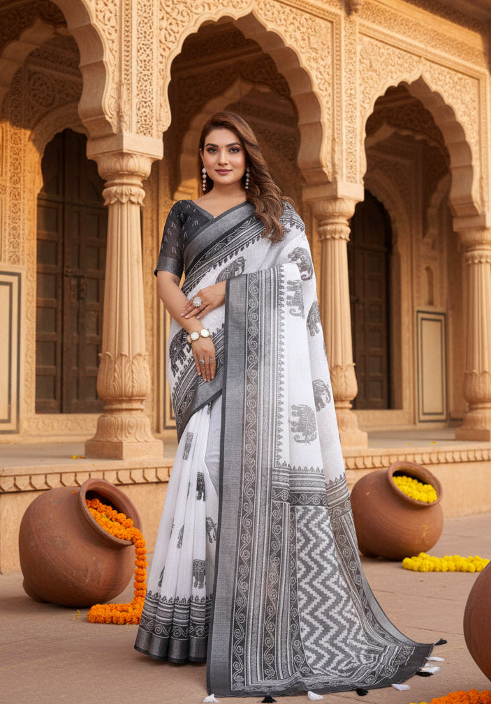 Women's Linen Cotton Printed Saree With Unstitched Blouse 5.5Mtr (White-Black)