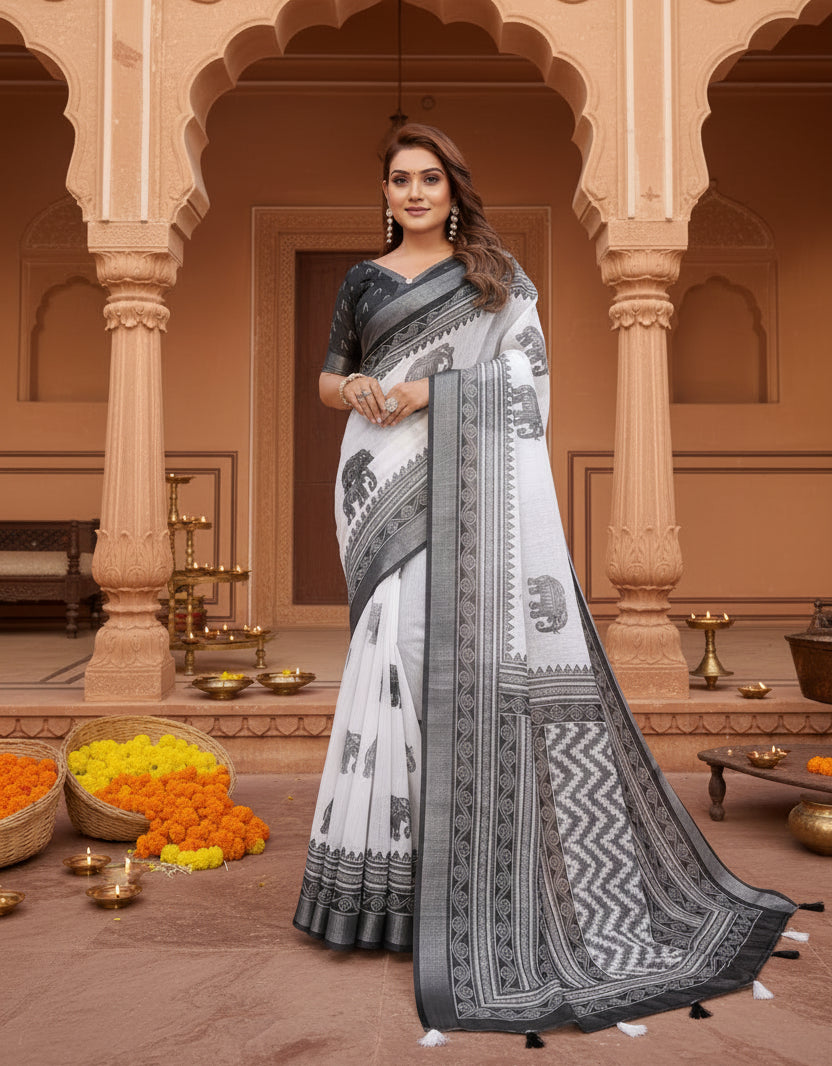 Women's Linen Cotton Printed Saree With Unstitched Blouse 5.5Mtr (White-Black)
