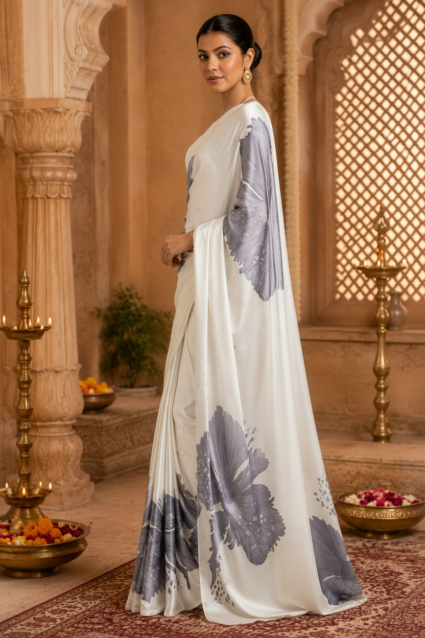 Satin Silk Printed Saree With Unstitched Blouse(Lavender)