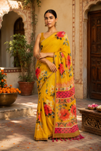 Linen Printed Saree With Unstitched Blouse(Yellow)