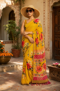 Linen Printed Saree With Unstitched Blouse(Yellow)