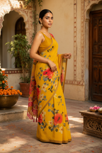 Linen Printed Saree With Unstitched Blouse(Yellow)