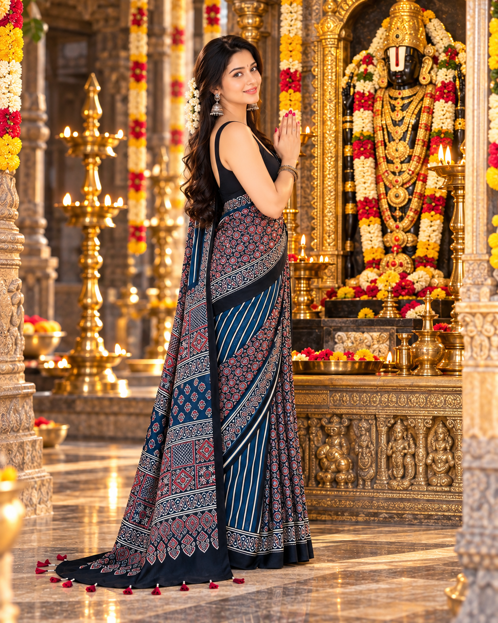 Premium Pure Satin Silk Ajrakh Print Saree With Unstitched Blouse(Black)