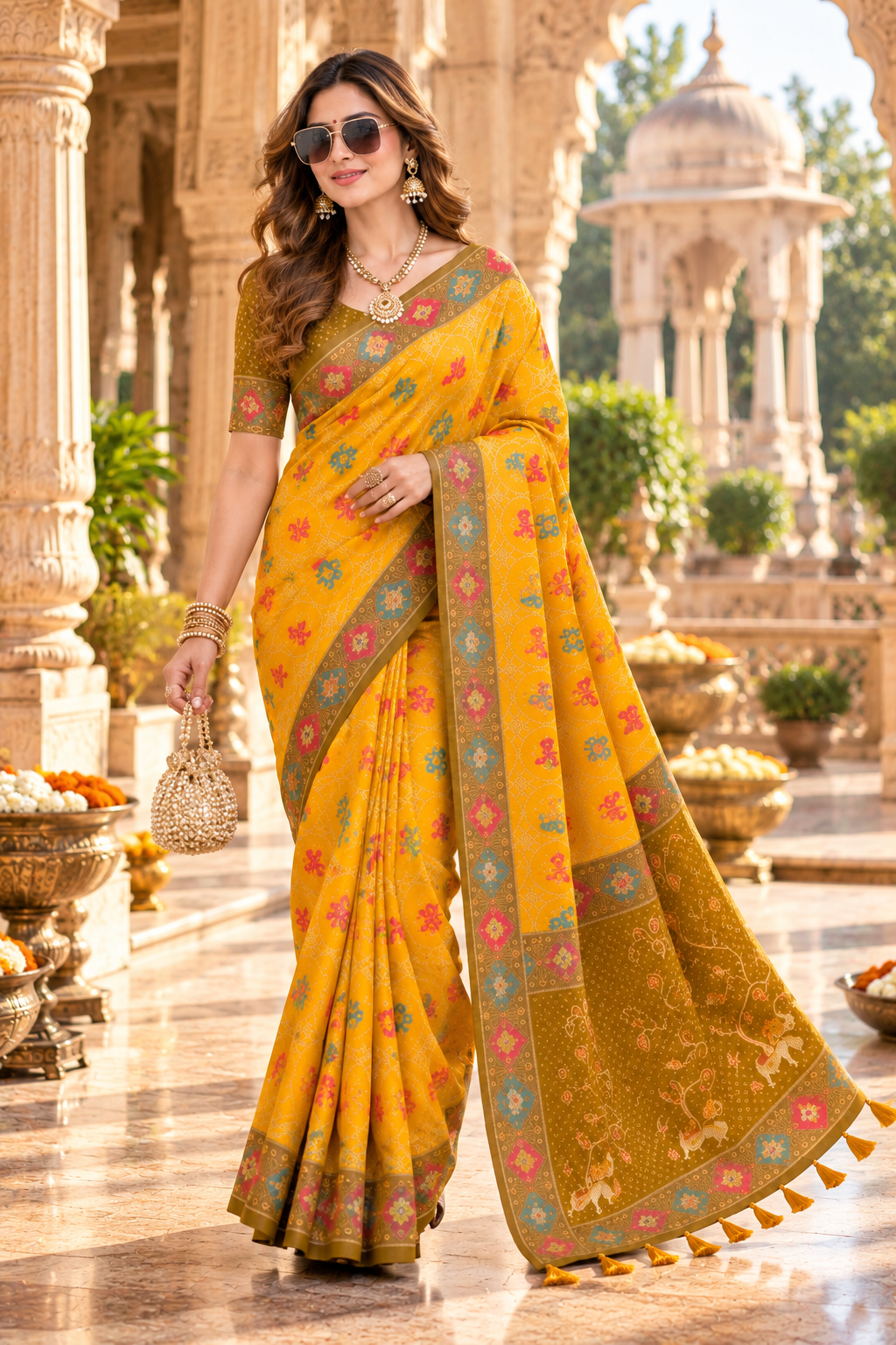 Premium Patola Silk Saree With Unstitched Blouse(Yellow)