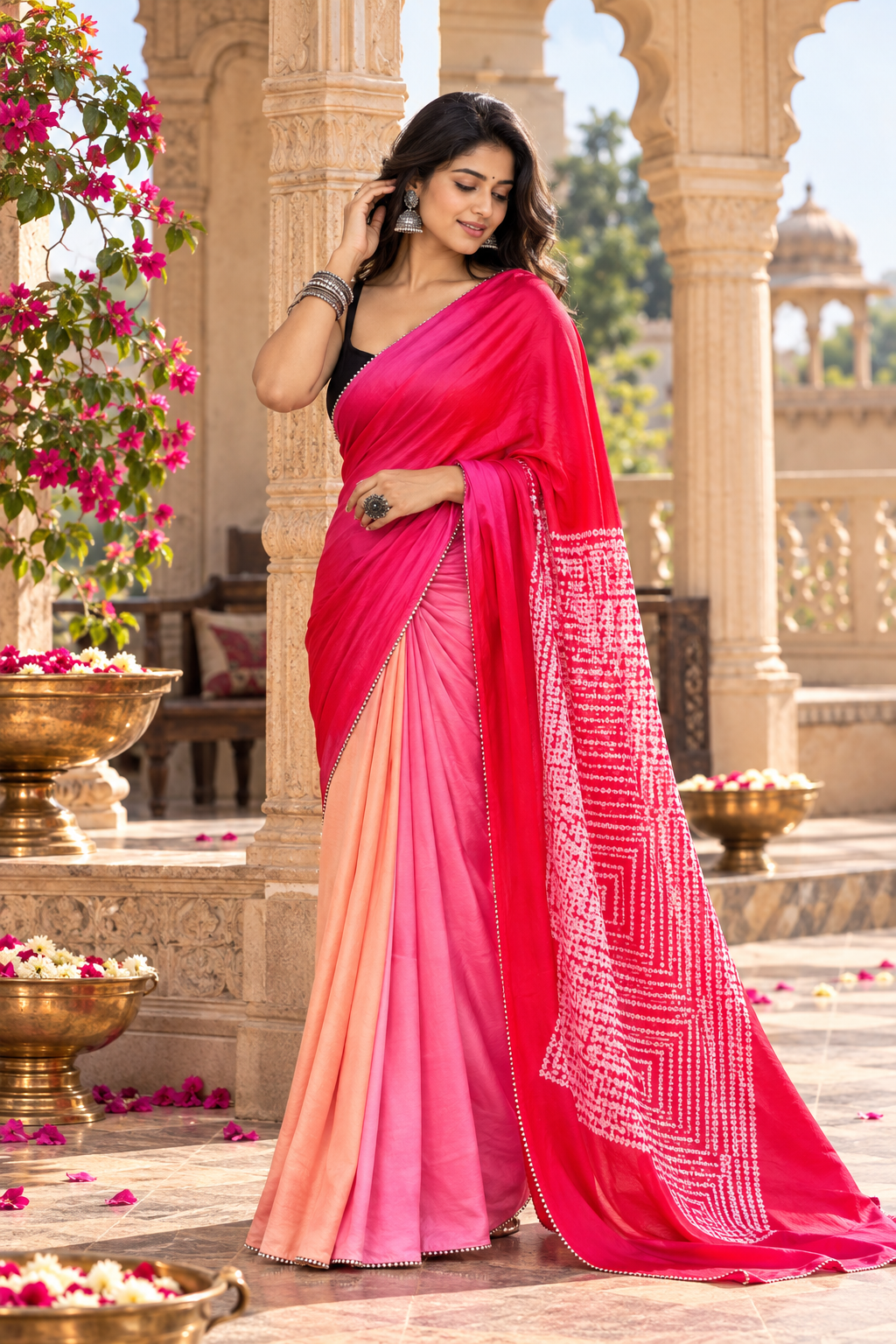 Pure Silk Digital Print Lace Patti Border Saree With Unstitched Blouse(Red)