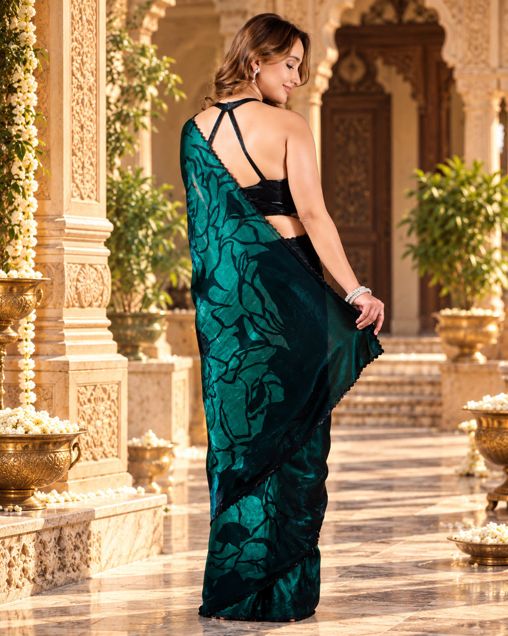Soft Space Silk Zarkhan Border Work Saree With Unstitched Blouse(Bottle Green)