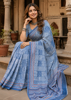 Soft Pure Cotton Bagru-Printed Saree With Unstitched Blouse(Sky Blue)