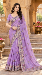Pure Soft Organza Silk Embroidery Work Saree With Unstitched Blouse(Lavender)