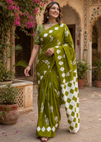 Soft Pure Cotton Printed Saree With Unstitched Blouse(Green)