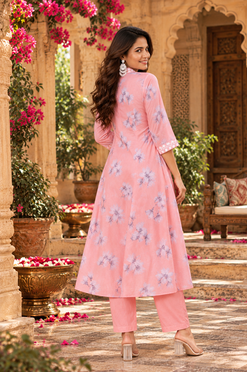 Georgette Chikankari Kurti Pant Set(Pink)