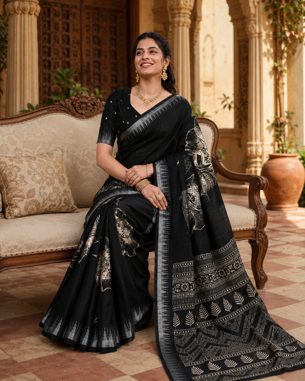 Premium Slub Silk Floral Printed  Zari Border Saree With Unstitched Blouse (Black)