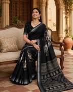 Premium Slub Silk Floral Printed  Zari Border Saree With Unstitched Blouse (Black)