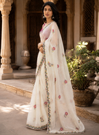 Star Georgette Ready To Wear Embroidery Work Saree With Unstitched Blouse(White)