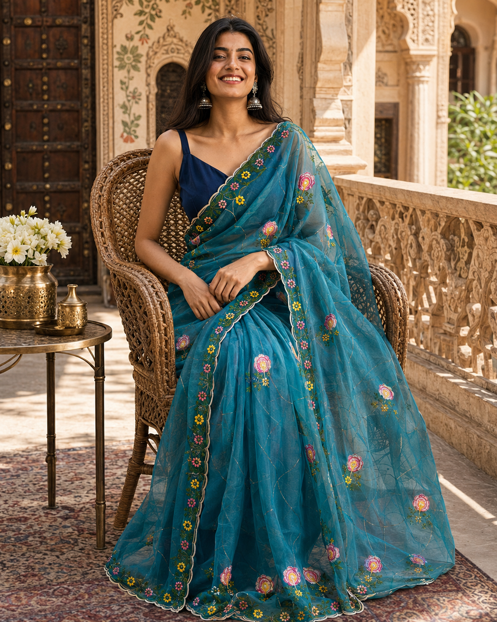 Star Georgette Ready To Wear Embroidery Work Saree With Unstitched Blouse(Rama)