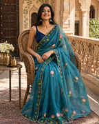 Star Georgette Ready To Wear Embroidery Work Saree With Unstitched Blouse(Rama)