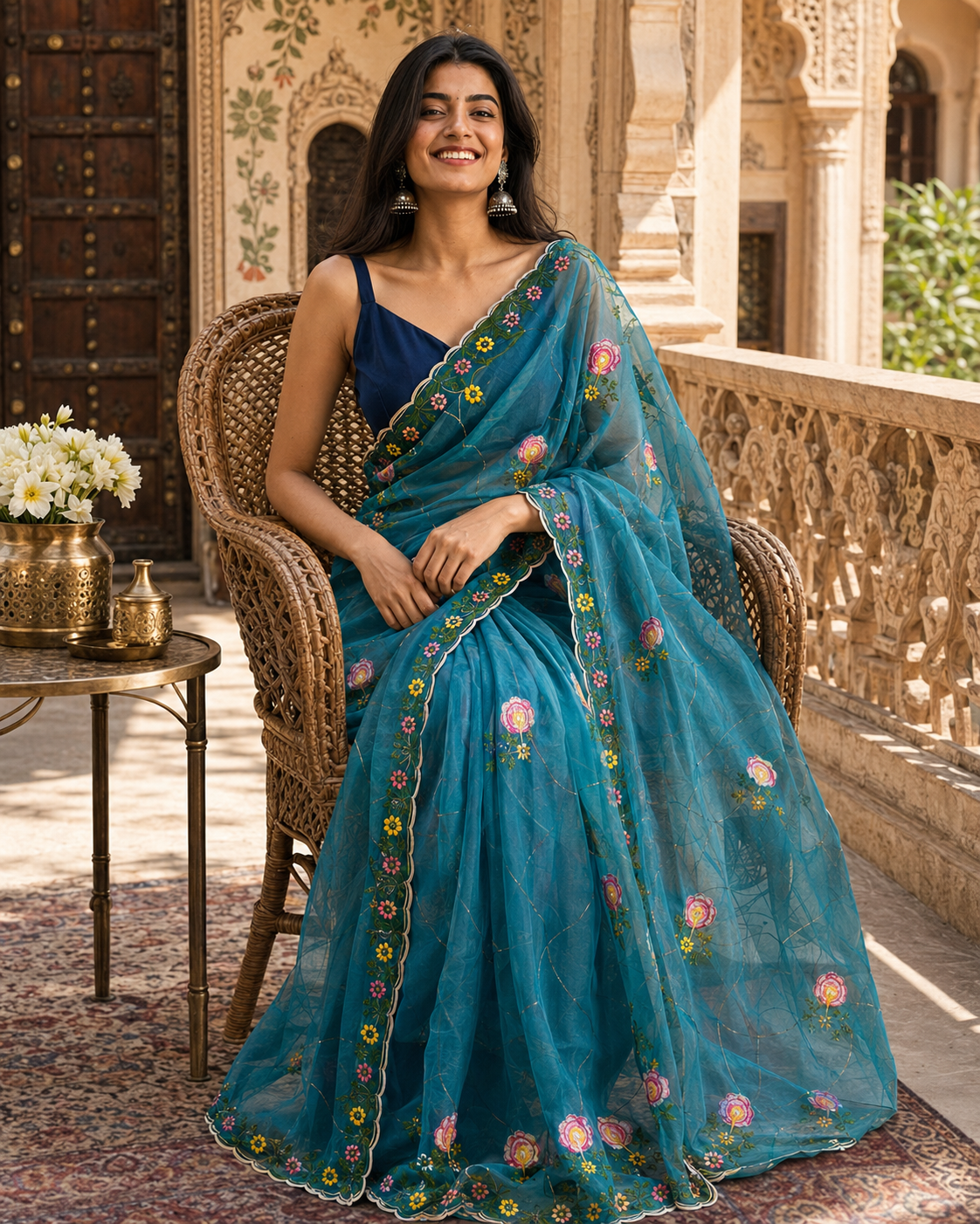Star Georgette Ready To Wear Embroidery Work Saree With Unstitched Blouse(Rama)