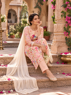 Pure Cotton Printed Kurti Pant With Dupatta Set(Beige)
