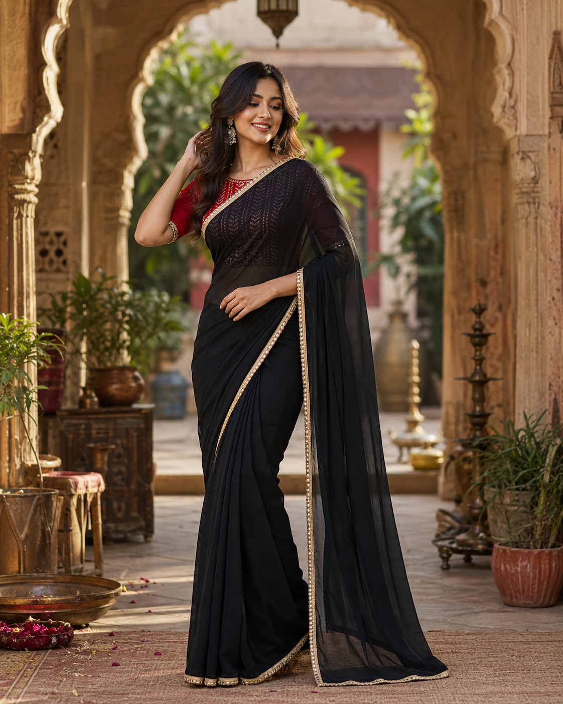 Party Wear Georgette Saree With Unstitched Blouse(Black)