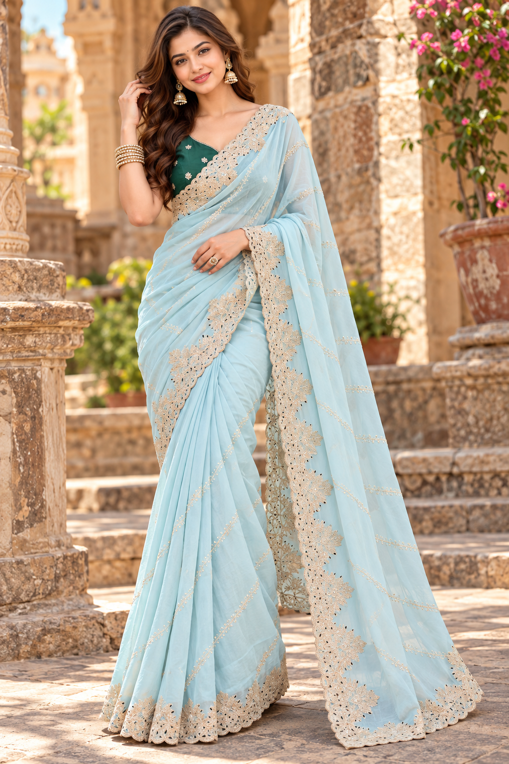 Rangoli Silk Embroidery Work Saree With Unstitched Blouse(Sky)